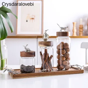 

Glass Sealed Storage Jar Wooden Bottle Cap Spice Jars Ornaments Salt Seasoning Moisture-proof Container Home Kitchen Accessories