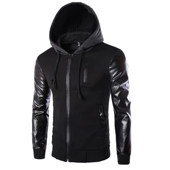 

High Quality Men Hooded Jacket And Coat Autumn Casual Pu Leather Sleeve Slim Outerwear Coat Men Zipper Coat Hoody Sportswear