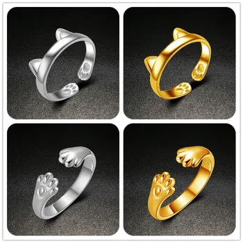 

Lovely Cat Ear Paw Print Open Design Band Ring Cute Adjustable Cat Finger Ring Nonallergic Jewelry Gift For Women Girls