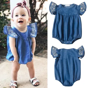 

Newborn Toddler Baby Girls Denim Romper Ruffles Short Sleeve Elastic Waist Blue Jumpsuits Summer Clothes3