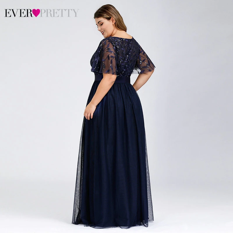 Plus Size Sequined Long Prom Dresses Ever Pretty A-Line O-Neck Ruffles Sleeve Elegant Tulle Party Gowns Vestido De Gala 2020