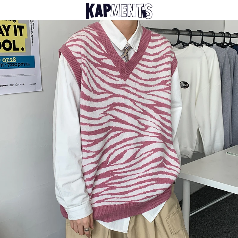 KAPMENTS Streetwear Men Harajuku Striped Sweater Vest 2021 Winter Mens Japanese V-Neck Knitted Sweaters Male Korean | Мужская одежда
