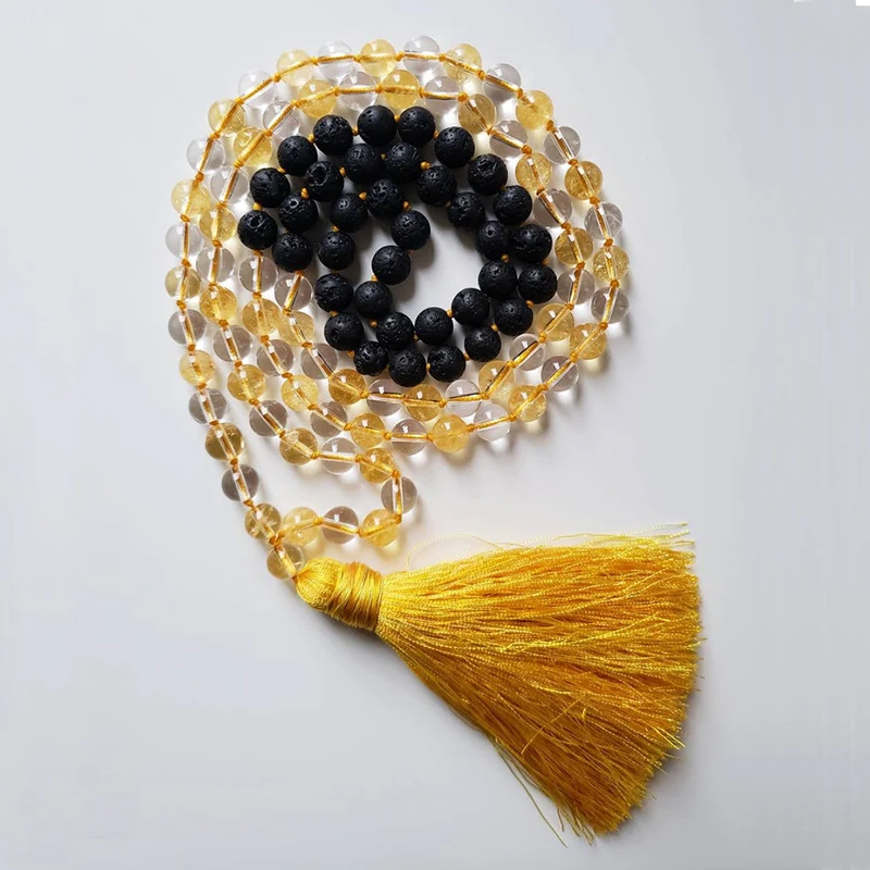 108 Mala Beads ожерелье s C-itrine прозрачное Q-uartz Lava Rock ожерелье целебные ювелирные изделия для медитации ожерелье с кисточкой ручной вязки