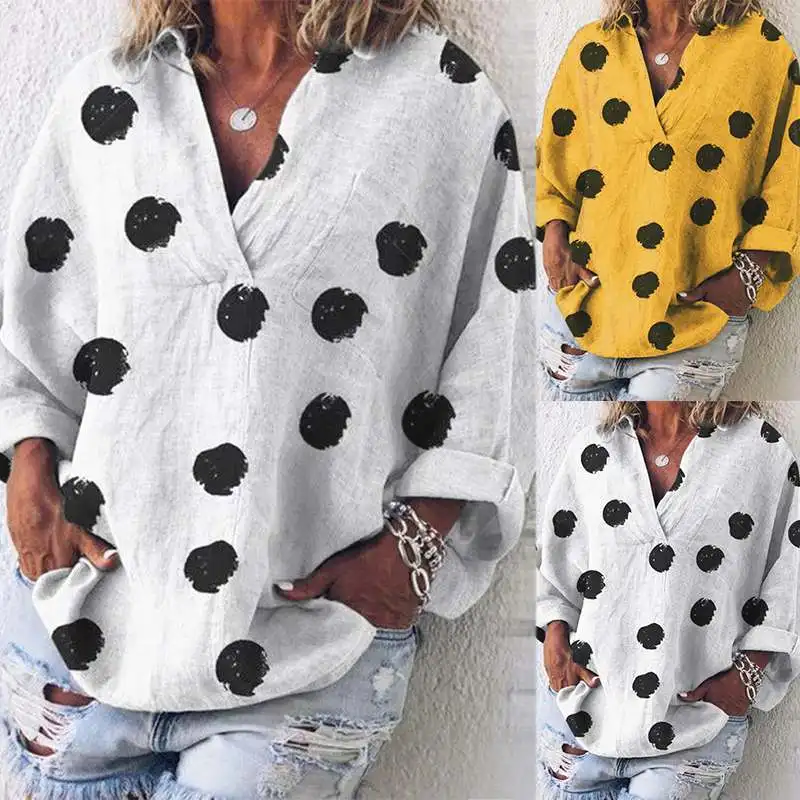 

2019 ZANZEA Women Blouses Tunic Autumn Winter Tops Casual Polka Dot Print Loose Blusas V-Neck Long Sleeve Blouse Plus Size S-5XL