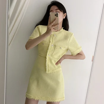 

Sannian Two Piece Set Women Korean Retro Round Neck Single-breasted Tassel Jacket + High Waist Was Thin Bag Hip A-line Skirt