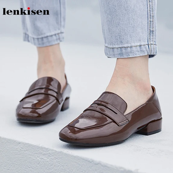 

Lenkisen breathable full grain leather square toe low heels leisure simple style slip on office lady fashion autumn shoes L12