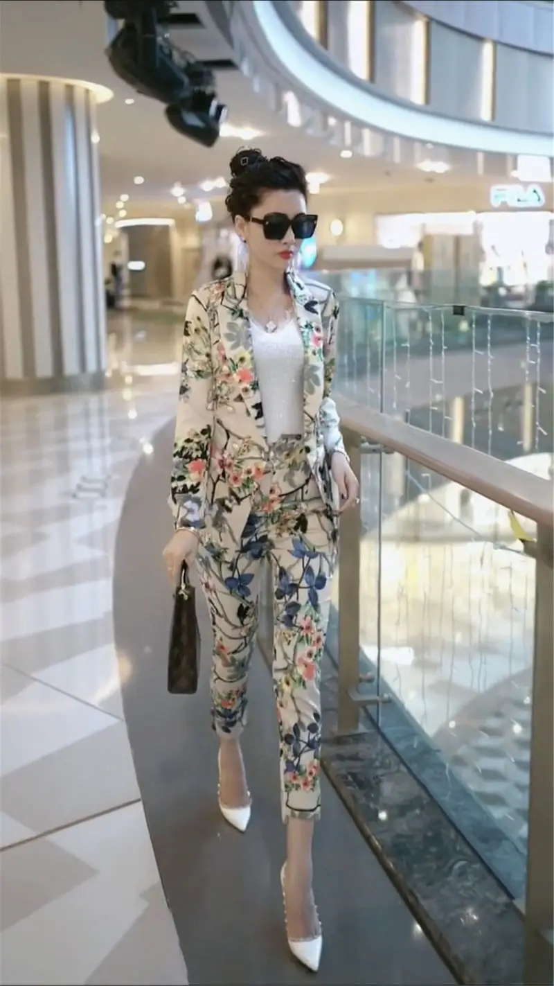 2020 New Spring Autumn Women Elegant Blazer Feminino Women Floral Long Sleeve Blazer Suit Office Ladies Two Piece Sets T06