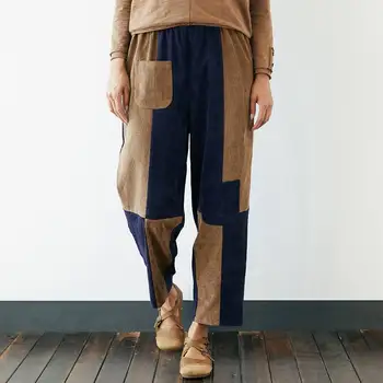 

2020 Vintage Bottoms Palazzo Corduroy Patchwork Pants Women Casual Pockets Long Trousers Harem Pants Elastic Waist Streetwear 7