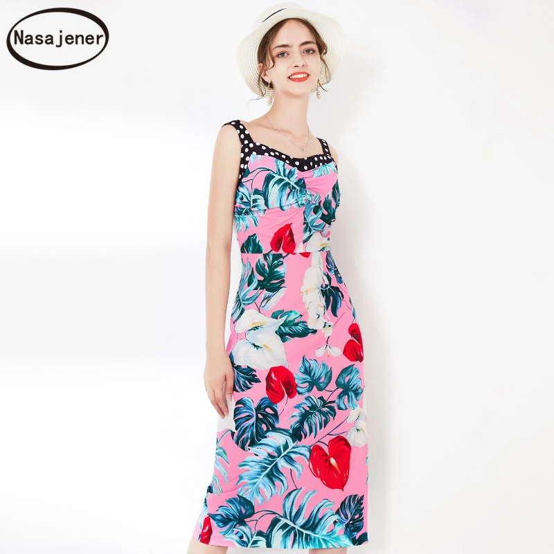 

Spring And Summer 2020 New Fashion Temperament Sweet Jungle Print Wave Dot Stitching High Waist Slim Sling Mid-Length Dress