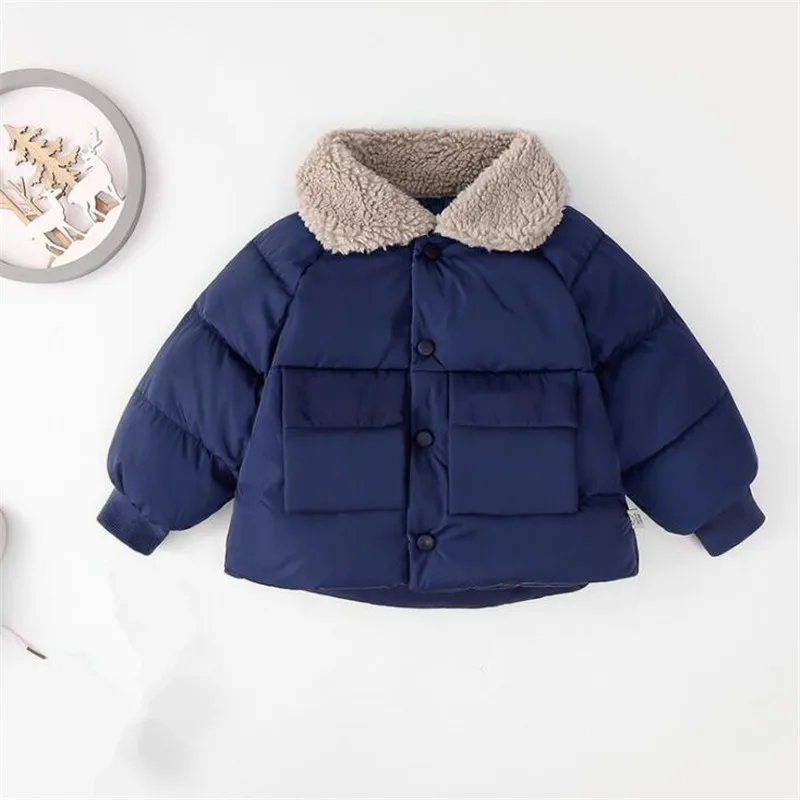 Navy Blue Зимние пальто для девочек, пуховики, теплая Плотная хлопковая куртка с воротником из искусственного меха и длинными рукавами для мальчиков 2, 3, 4, 5, 6, 7 лет - Цвет: Navy Blue