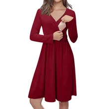 

Maternity Women Solid Short Long Sleeve A-Line Dresses Casual Pullover V-Neck Breastfeeding Side Open Pregnant Pleated Clothing