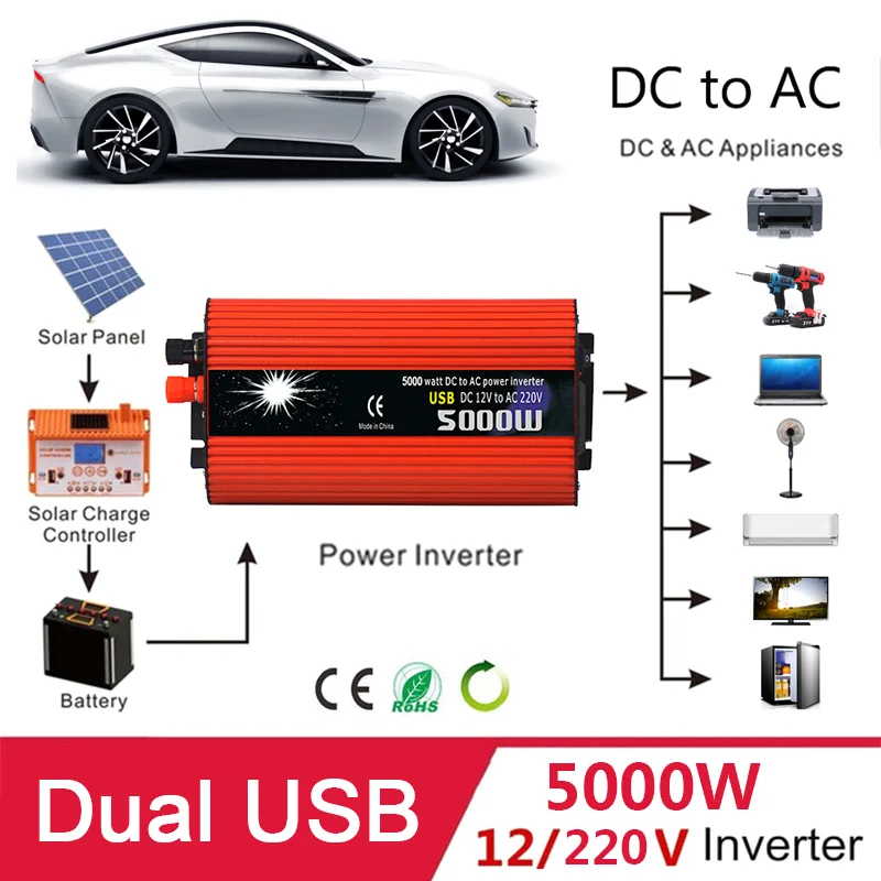 Двойной USB 5000 Вт DC 12 В к AC 220 В портативный автомобильный инвертор зарядное устройство конвертер адаптер DC 12 к AC 220 Модифицированная синусоида