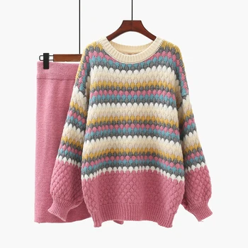 

2020 winter new knitted two pieces women skirts suits lantern sleeved sweater pullovers and knee-length skirts lady sets