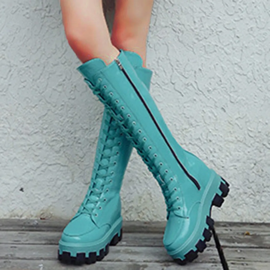 Женские зимние высокие сапоги на шнуровке мотоциклетные сапоги для верховой езды на платформе и высоком каблуке на молнии разноцветные ботинки в европейском стиле botas mujer