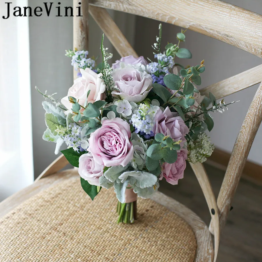 JaneVini Boquet Sposa фиолетовые Свадебные Цветочные букеты Morandi цвета шелковые розы Пион Свадебный букет невесты Peonias Ramo Novia