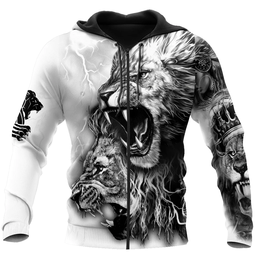 White Lion Tattoo 3D All Over Printed Men Autumn Hoodie Unisex Hooded Sweatshirt Zip Pullover Casual Streetwear KJ473