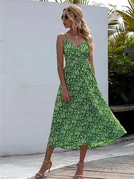 

Women's V-Neck Sleeveless Sexy Beach Style Dresses Floral Patten Holiday Long Dresses Summer Spaghetti Strap Girls Dresses