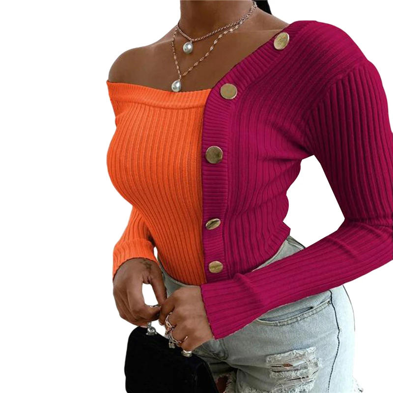 

Woman Sweater Fashion Knitted Top Office Lady Clothes Solid Color Long Sleeve Strapless Button Sweater Knitted Tops Sweaters