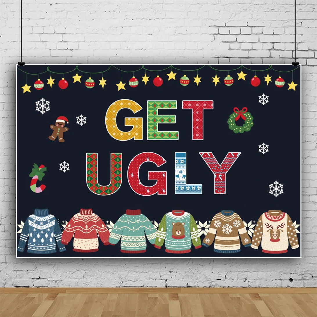 

Laeacco Get Ugly Sweater Christmas Family Friend Party Photocall Poster Snowflake Stripe Photo Background Photographic Backdrops