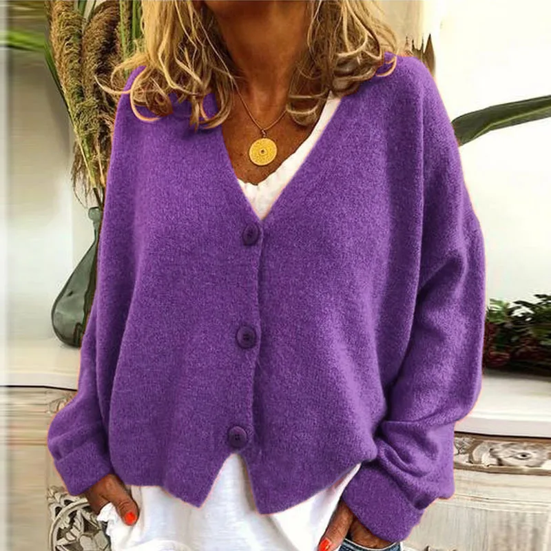 Осенне-зимний женский свитер с открытой строчкой, сексуальный вязаный свитер с v-образным вырезом и пуговицами, элегантный Свободный кардиган с длинным рукавом, топы, джемпер - Цвет: Purple