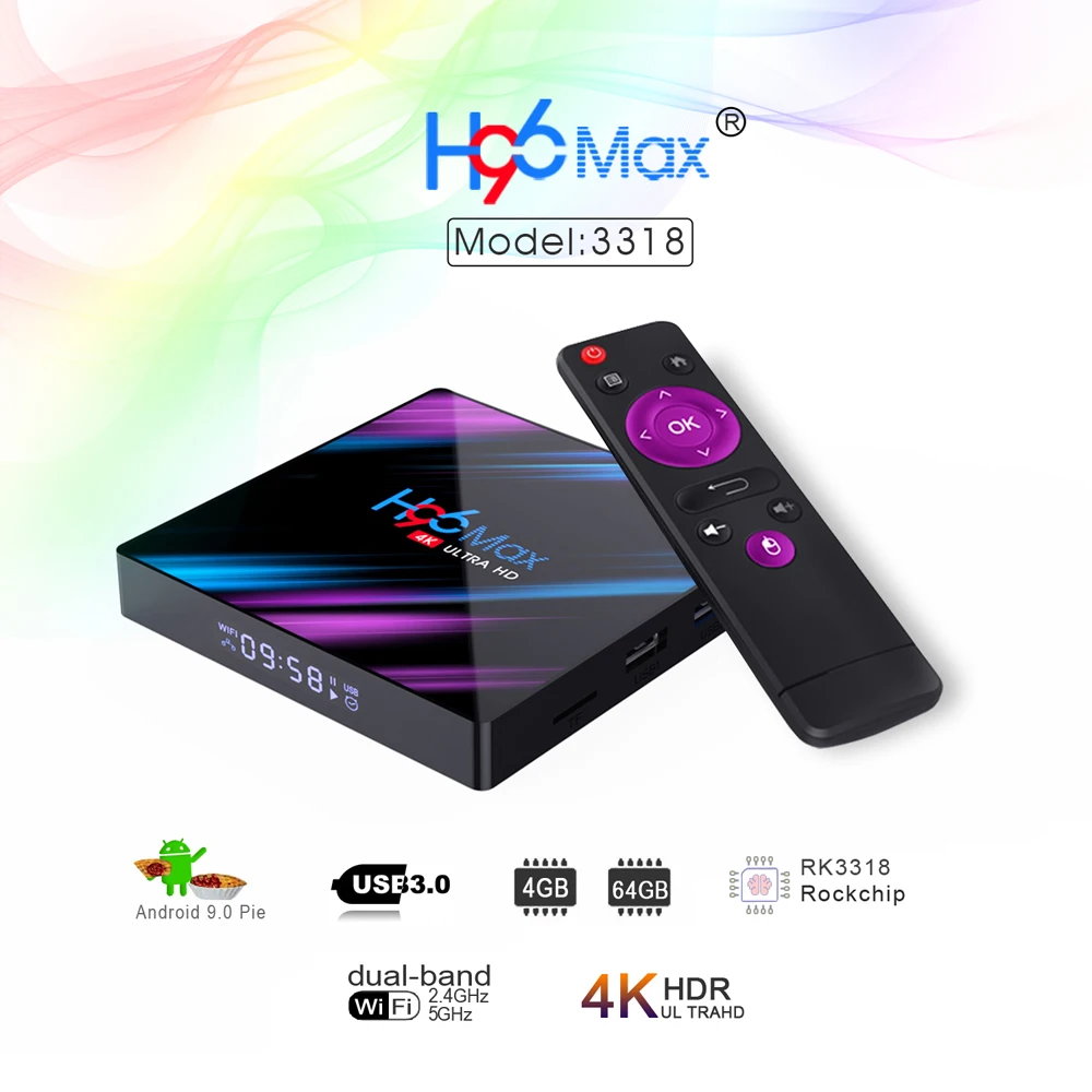 

Set Top TV Box 4GB 64GB Bluetooth 4.0 android smart tv BOX Android 9.0 4K H96 Max Smart PentaCore Mali-450 RK3318 GPU 2.4G/5G