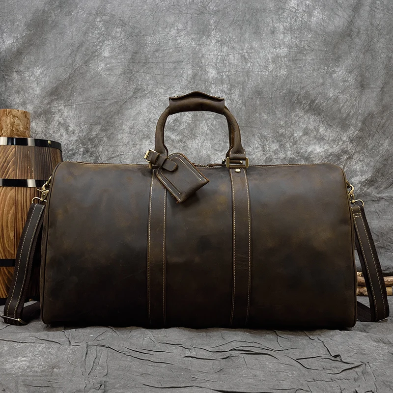 60cm Vintage Mens Real Leather Travel Weekender Overnight Travelling Handbag For 3 days Business