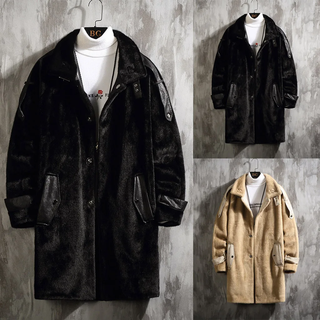 Плюшевое пальто средней длины, стиль для мужчин, зимняя однотонная уличная одежда, ветрозащитное пальто Chaqueta de los hombres#3