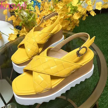 

Braided Platform Sandals Women Wood Grain Wedge Heels Sandals Ladies Cross Strap Thick Sole Height Increasing Shoes Woman