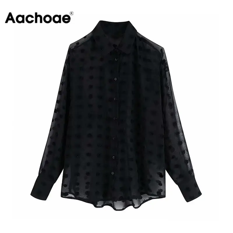 Стильная шифоновая блузка в горошек с вышивкой, женская прозрачная рубашка с длинным рукавом, модные черные повседневные блузки с отложным воротником