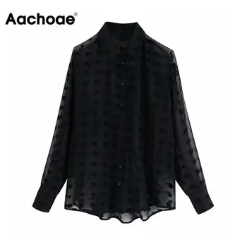 

Stylish Polka Dot Embroidery Chiffon Blouse Women Long Sleeve See Through Shirt Fashion Turn Down Collar Black Casual Blouses