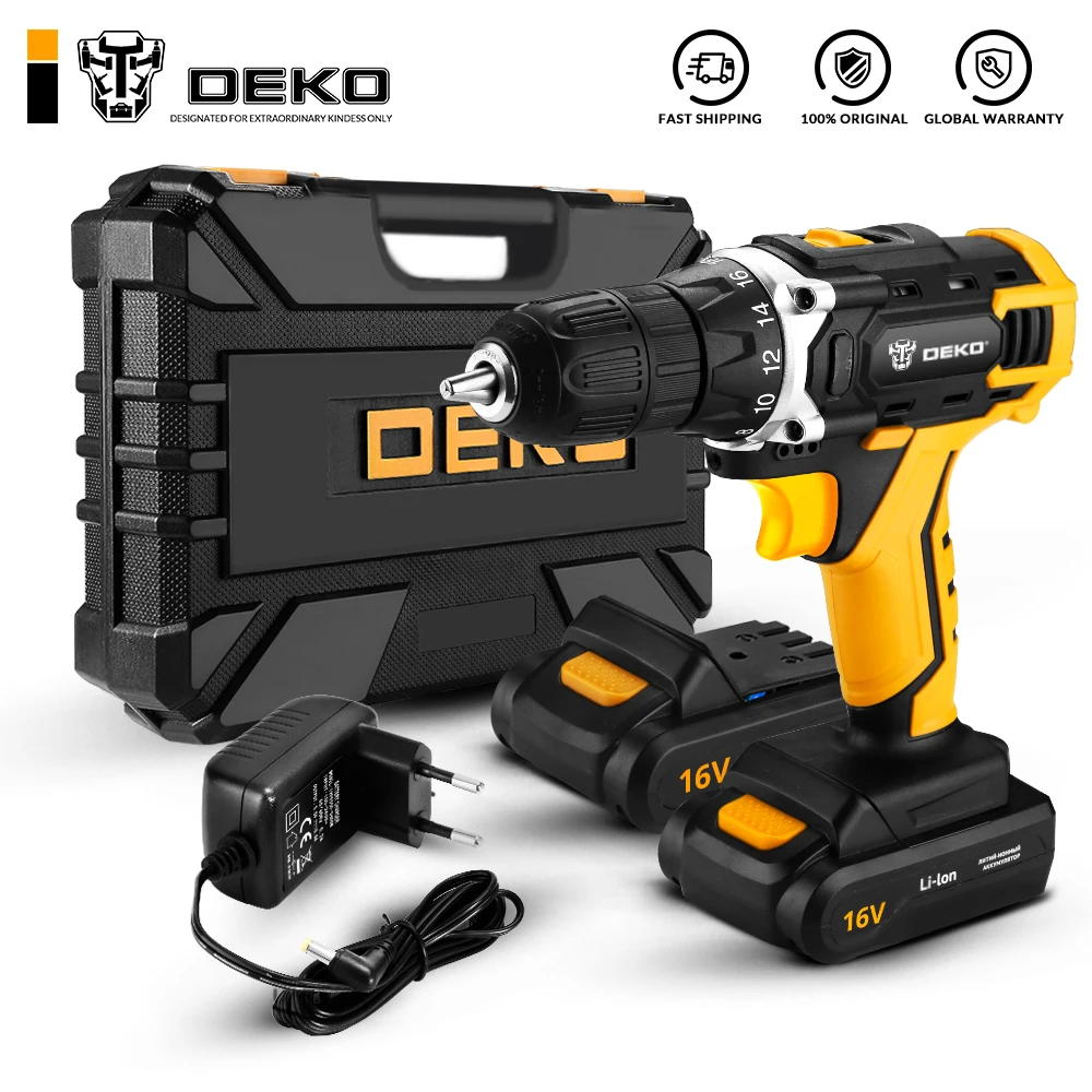 DEKO Аккумуляторная дрель 16В+ набор 63 инструментов в кейсе Deko DKCD16FU-Li 1.5Ahx2 63 tools+ case