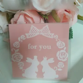 

500Pcs/Lot 7*7cm "for you" Pink Rabbit Plastic Cookie Cake Packaging Bag for Party Snack Self Adhesive Baking Poly Package