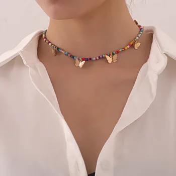 

Ornament Fashion Alloy Butterfly Pendant Necklace Women Elegant Simple Color Bead Handmade Neckl