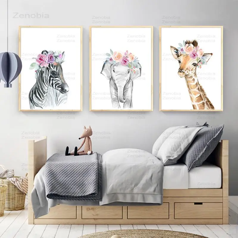 Купить цветок животные холст постер лев зебра слон жираф детская настенная