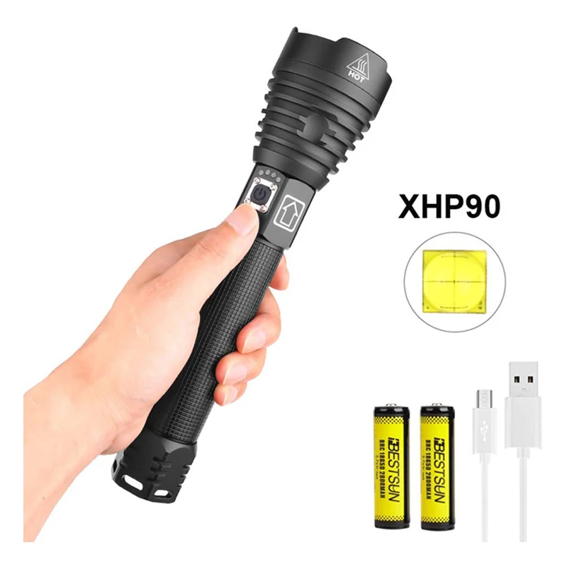 Powerful Flashlights Rechargeable XHP90 LED Super Bright Zoomable High Lumen Tactical Waterproof USB Outdoor for Camping