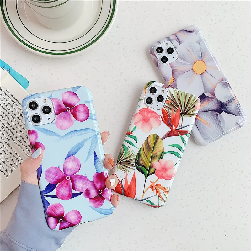 

Flower Leaf Holder Phone Case For iPhone 11 X XR XS Max 11 Pro Max Soft IMD Marble cases Cover For iPhone 6 6S 7 8 Plus case