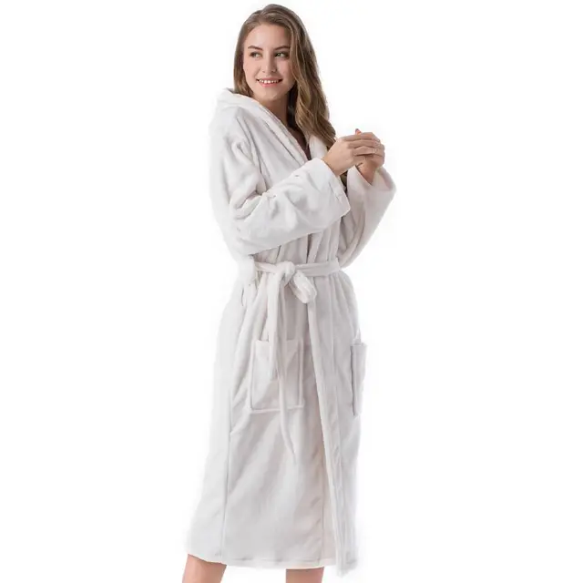 2020 Winter Kimono Robe Plush Fleece Bath Robes For Women Soft Warm Long Sleeve Hooded Nightgown Loungewear Sleepwear White