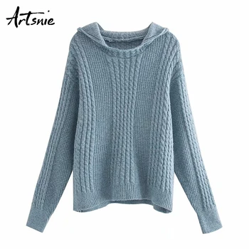 

Artsnie autumn 2019 knitted sweater women hooded long sleeve casual pullovers streetwear winter pull knit sweaters jumpers