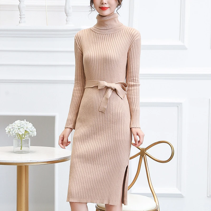 

Fashion Autumn Sweater Dress Women Knitted Sweaters Dresses Elegant Women Split Bodycon Dress Woman Turtleneck Sweaters Dresses