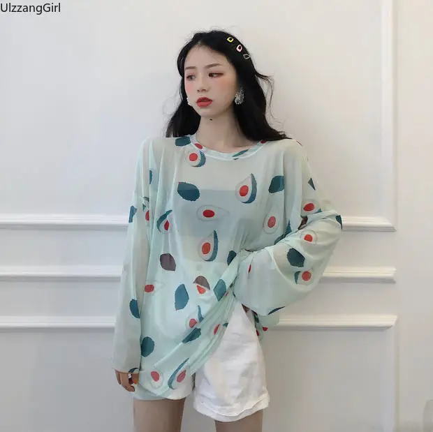 

Avocado Peach Fruit Graphic Print Long Sleeve Transparent Mesh Loose Tee Top Korean Women Sexy Cute Kawaii T-Shirt T Shirt Pink