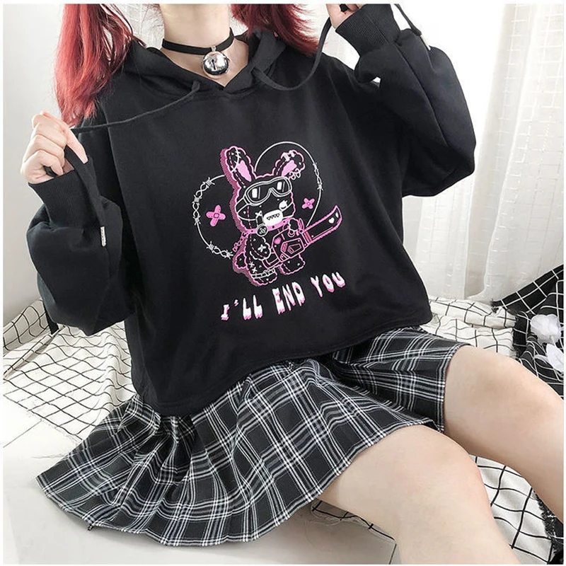 Japanese casual cartoon hip-hop Harajuku long-sleeved anime hooded kawaii autumn loose plus size Vintage women hooded sweatshirt