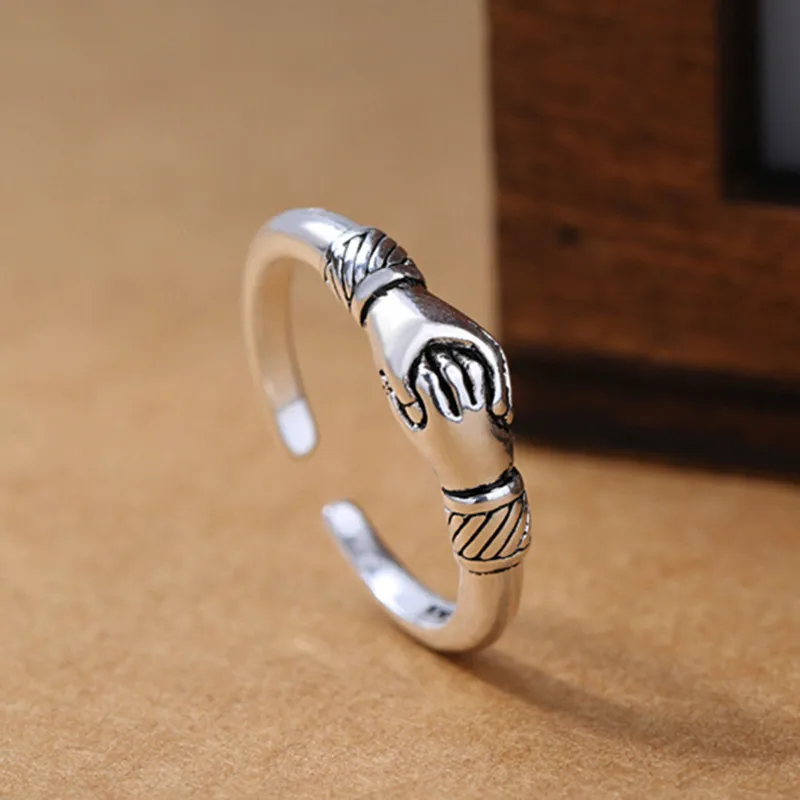 

2019 New Retro Women 925 Sterling Silver Jewelry Ring Opening Handshake Creative Friendship Ring Fine Jewelry