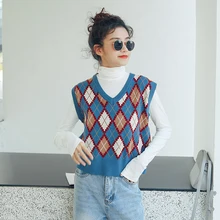 Vintage Style Knit Vest Women Knitted Sweater Vest Sleeveless Plaid Waistcoat Autumn Short Outwear Chalecos Para Mujer