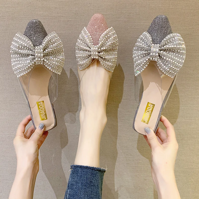 

Peral Butterfly Knot High Heel Mules Shoes Women Summer Sequined Side Transparent PVC Low Heel Sandals Women Slippers 2020
