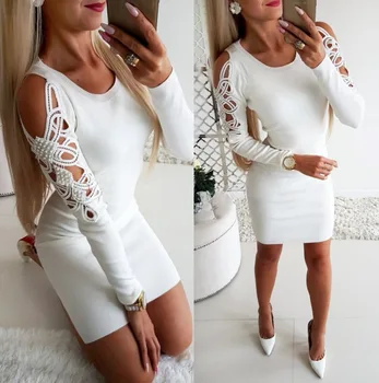 

Sexy Round Neck Solid Color Off Shoulder Hollow Out Skinny Long Sleeve Women Dress Sexy Dress Club Wear Bodycon Dress