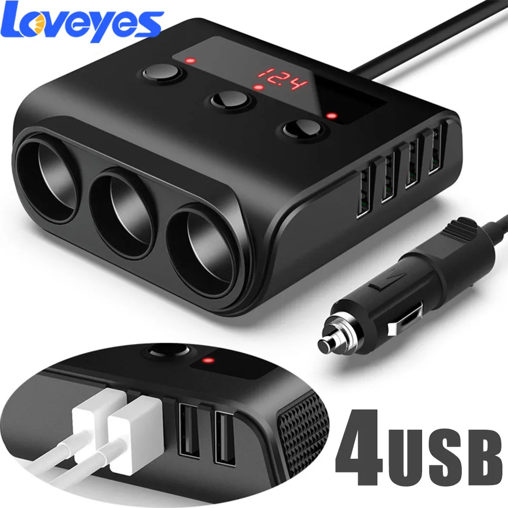 

4 USB Car Lighter Power Adapter Cigarette Lighter One To Three Independent Switch Voltage Display LED Power Indicator TR12