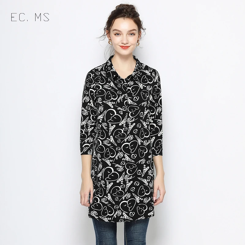  EC.MS Shirts for Women Printing Heart Blouses Middle Length Plus Size Loose Coat Outwear for Girls