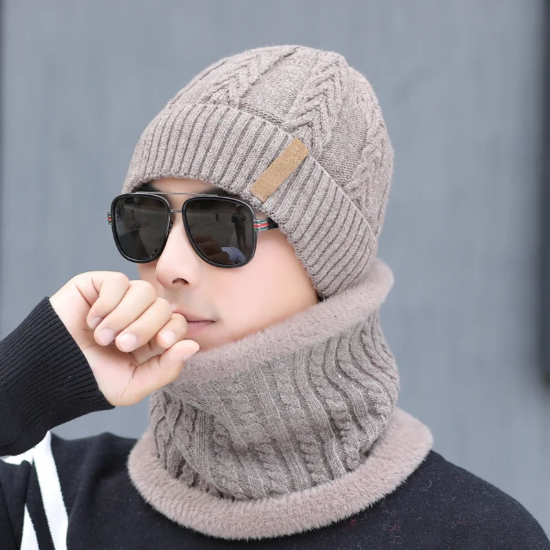 SUOGRY зимние Шапки для Для мужчин шапки бини шапки плетения теплая вязаная шапка осенние уличные Шерстяная кепка, Зимняя Шапка-бини, набор - Цвет: Hat scarf khaki
