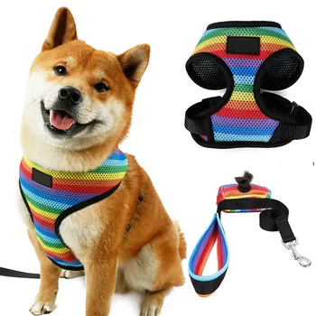 

Dog Harness with Leash Set Small/Medium Dog Harness Vest Walking Lead with Poop Bag Rainbow Soft Air Mesh Breathable Collars