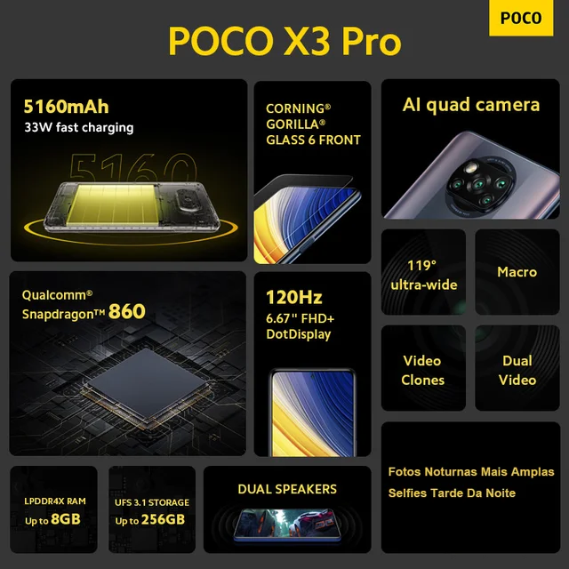POCO X3 Pro 6GB 128GB / 8GB 256GB Poco Snapdragon 860 FHD + 120Hz DotDisplay 5160mAh 33W NFC Camera IA Quádr 2